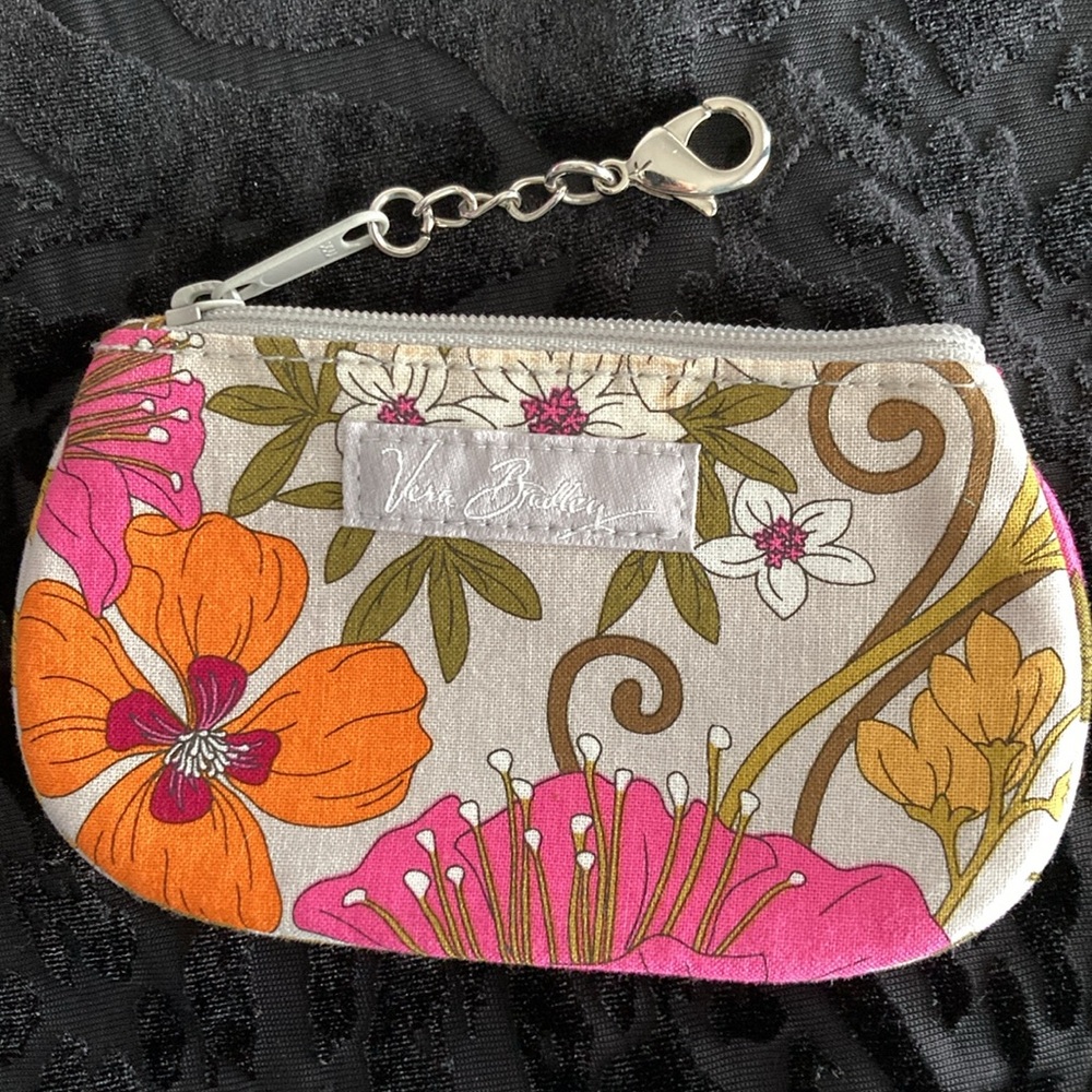 Vera Bradley Tea Garden Clip Zip ID Window Zip & Clasp Floral Pink Tan Orange
